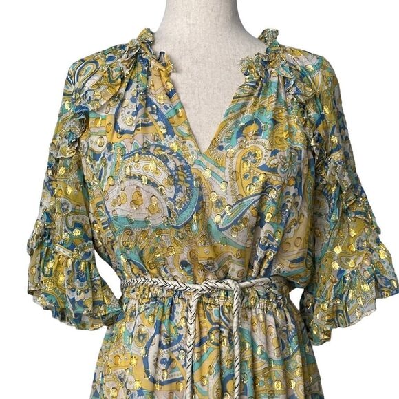 Shoshanna Giada Metallic Dot Floral Silk  Dress | Size 6 - Picture 7 of 12